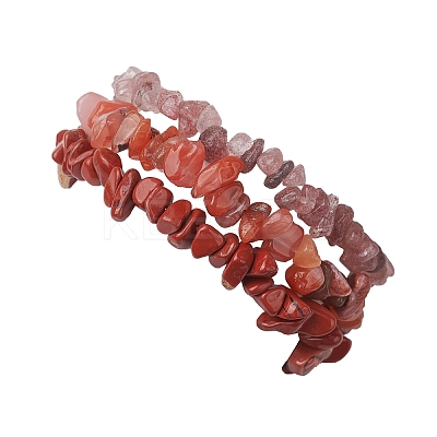 3Pcs Natural Rhodonite & Natural Red Jasper & Natural Strawberry Quartz Chip Beaded Stretch Bracelet Sets BJEW-JB10866-1