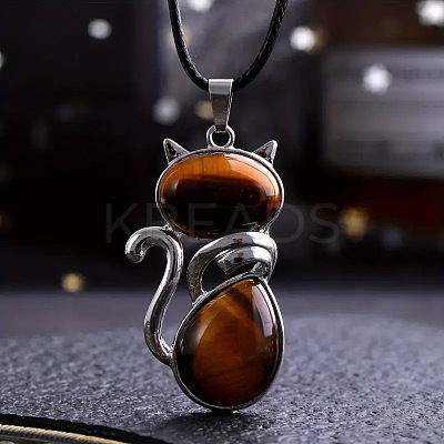 Alloy Pave Natural Tiger Eye Cat Shaped Pendant Necklaces FS-WG6CBFA-06-1