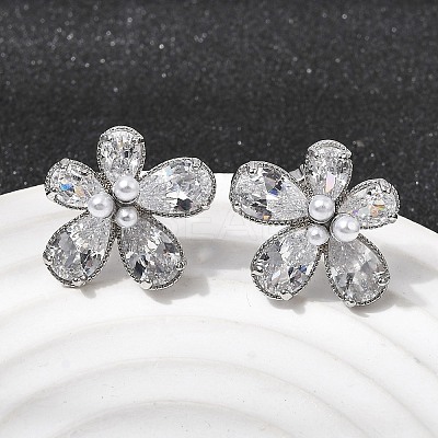 Flower Brass Micro Pave Clear Cubic Zirconia Stud Earrings EJEW-P333-02P-1
