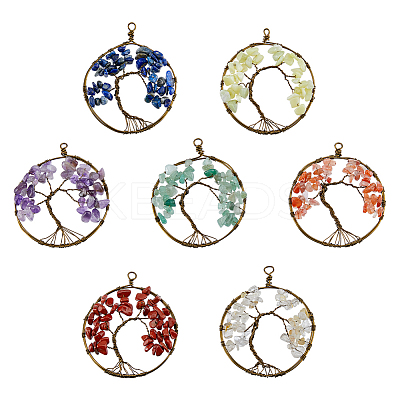 7 Chakra Copper Wired Wrapped Natural Mixed Gemstone Chip Big Pendants PALLOY-AB00196-1