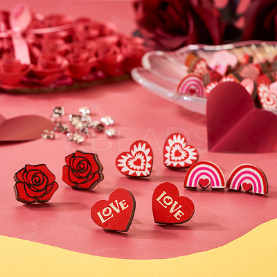 40Pcs 4 Style Valentine's Day Theme Natural Wood Stud Earrings EJEW-TA0001-27-1