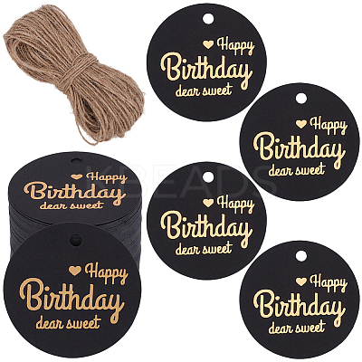 100Pcs Flat Round Gold Word Happy Birthday Dear Sweet Hanging Tags DIY-SP0003-87B-1