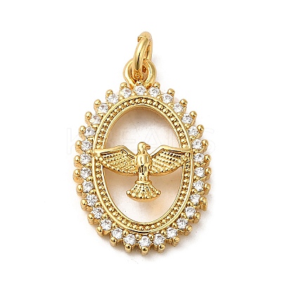 Oval with Eagle Rack Plating Brass Micro Pave Clear Cubic Zirconia Pendants KK-K377-21G-1