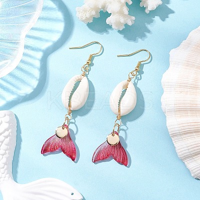 Natural Cowrie Shell Glass Dangle Earrings EJEW-JE06385-07-1