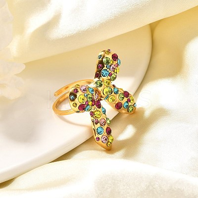 Bowknot 304 Stainless Steel Rhinestone Cuff Rings for Women RJEW-A058-01C-G-1