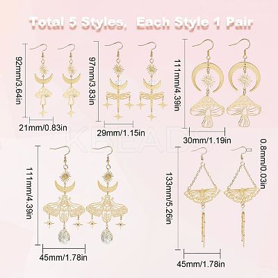 5 Pairs 5 Style Star & Moon Tarot Theme Alloy Dangle Earrings for Women EJEW-SC0001-32-1