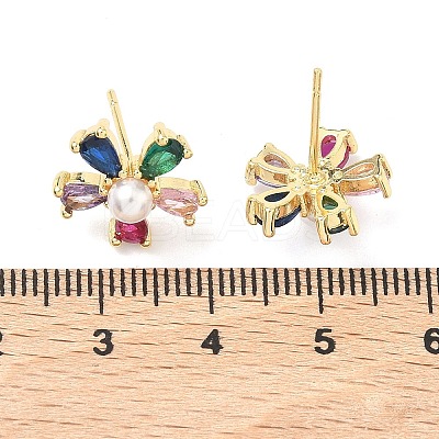 Flower Brass Cubic Zirconia Stud Earrings EJEW-P336-06G-1