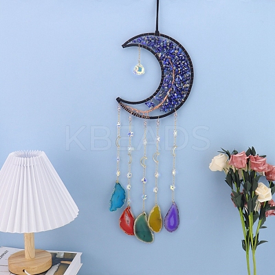 Copper Wire Wrapped Natural Lapis Lazuli Chips Moon Suncatcher HJEW-H065-10A-1