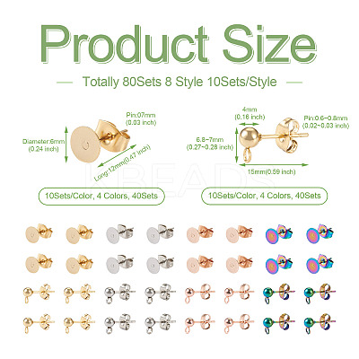 80Pcs 8 Style 304 Stainless Steel Stud Earring Findings STAS-PJ0001-40-1