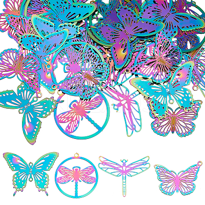 40Pcs 4 Style Ion Plating(IP) 201 Stainless Steel Filigree Pendants STAS-HY0001-34-1