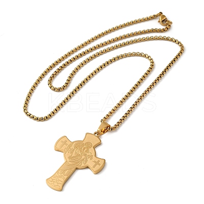 Saint Christopher Cross 201 Stainless Steel Box Chain Pendant Necklaces for Women and Men NJEW-F324-01G-1