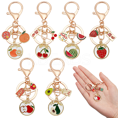 6Pcs 6 Style Fruit Alloy Enamel Pendant Keychain with Lucky Charm KEYC-DR0001-08-1