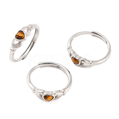 Hand with Heart Natural Tiger Eye Agate Adjustable Rings RJEW-Q817-06P-04-1
