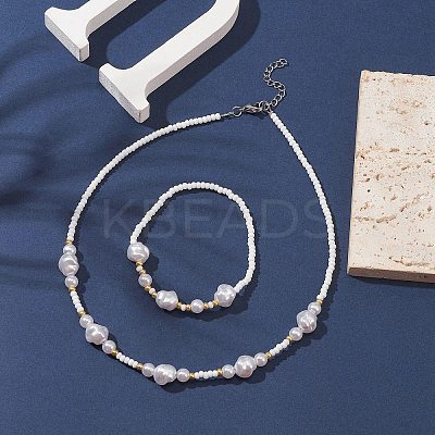 ABS Plastic Imitation Pearl Beaded Stretch Bracelet & Beaded Necklace SJEW-JS01278-1