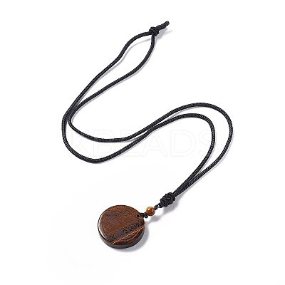 Natural Gemstone Flat Round with Tree of Life Pendant Necklace with Nylon Cord for Women NJEW-P274-03-1