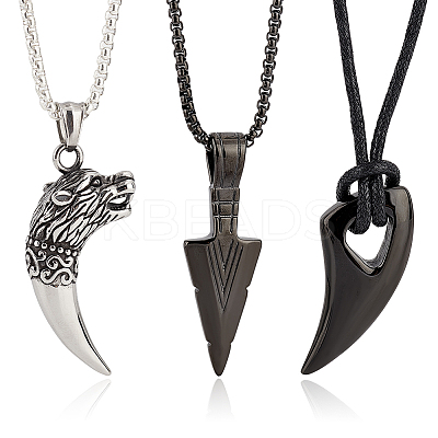 3Pcs 3 Styles Horn & Spearpoint & Wolf 304 Stainless Steel Pendant Necklaces Set with Wax Rope for Men Women NJEW-AN0001-45-1