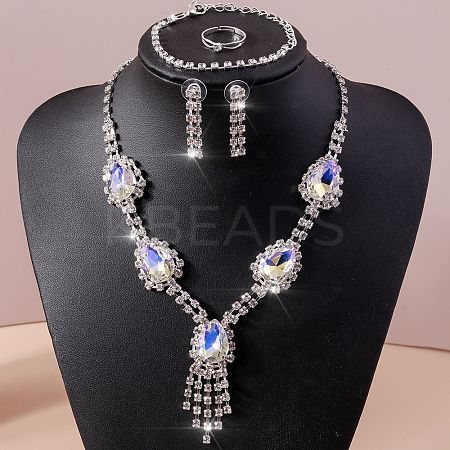 Teardrop Alloy Rhinestone Bracelets & Earrings & Necklaces & Rings Sets for Women FS-WG7FCB3-01-1