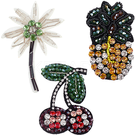 3Pcs 3 Style Tree & Pineapple & Cherry Rhinestone Beading Applqiues PATC-GF0001-26-1
