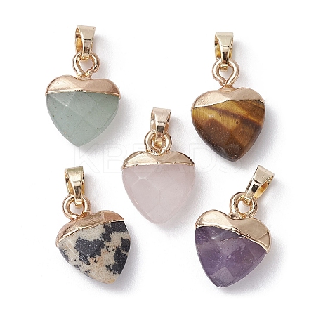Natural Mixed Gemstone Faceted Heart Charms with Golden Tone Brass Snap on Bails PALLOY-JF02319-1