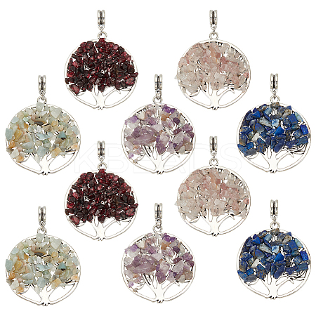 10Pcs 5 Styles Natural Amethyst & Lapis Lazuli & Rose Quartz & Garnet & Flower Amazonite Chip Tree of Life Big Pendants PALLOY-HY00014-1