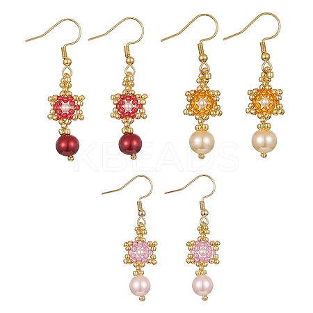 Star & Round Glass Seed Braided Dangle Earrings EJEW-MZ00106-1