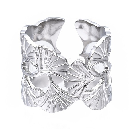 Non-Tarnish 304 Stainless Steel Ginkgo Leaf Wrap Open Cuff Ring RJEW-T023-28P-1