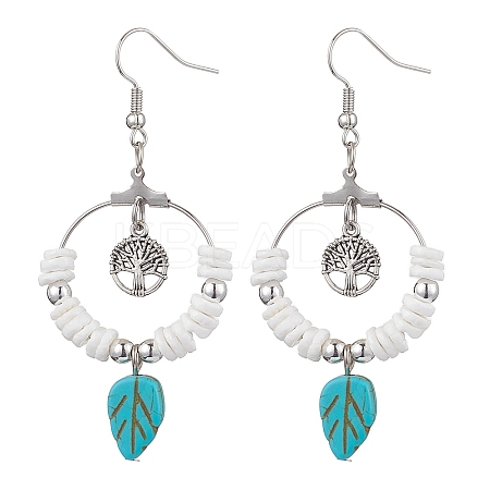 Natural Sea Shell Beads and Synthetical Dyed Turquoise Leaf Pendants Earrings EJEW-JE05921-1