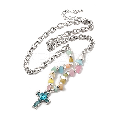 Alloy Glass Cross Pendant Necklace with Cat Eye Chips Beaded Chains LS-NJEW-Q001-02P-1