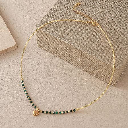 Stainless Steel Heart Pendant Faceted Round Natural Malachite with Miyuki Beaded Necklaces UF0843-5-1