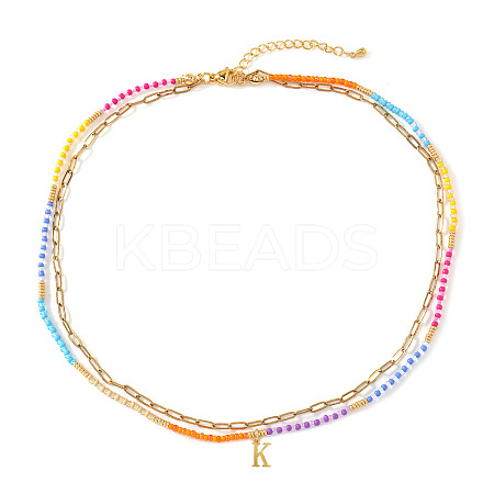 Colorful Glass Seed Beaded Initial Pendant Double Layer Necklaces QS3881-11-1