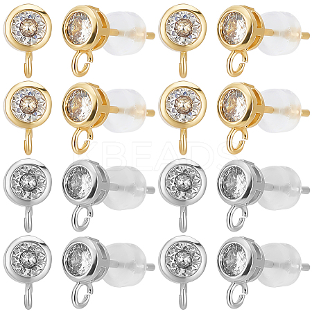 8 Pairs 2 Colors Brass Micro Pave Clear Cubic Zirconia Stud Earring Findings ZIRC-BBC0003-17-1