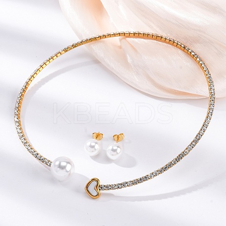 Round Plastic Imitation Pearl Stud Earrings & Rhinestone Cuff Choker Necklaces Sets SJEW-U003-11G-1