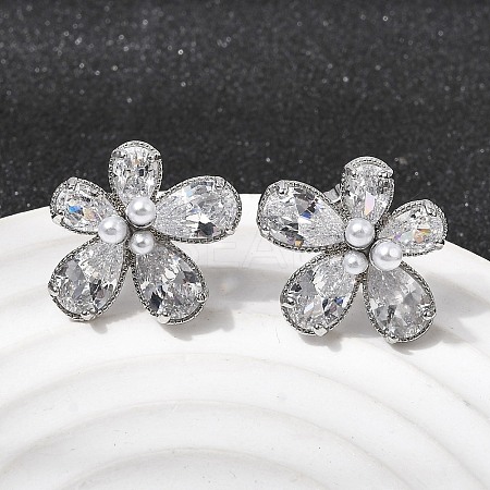 Flower Brass Micro Pave Clear Cubic Zirconia Stud Earrings EJEW-P333-02P-1