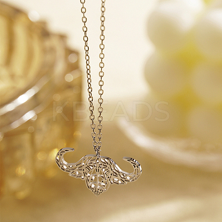 Non-Tarnish 304 Stainless Steel Hollow Cattle Head Pendant Necklaces EB3972-2-1