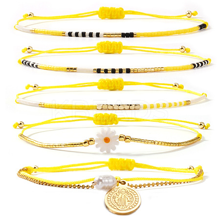 5Pcs 5 Styles Bohemian Glass Seed Bead Braided Beads Bracelets & 304 Stainless Steel Charm Double Layers Bracelets for Women WO6368-1-1