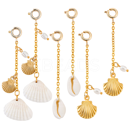 6Pcs 3 Styles Natural Pearl & Shell and Alloy Bikini Pendant Decoration HJEW-GA00063-1