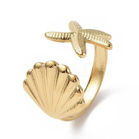 Ion Plating(IP) 304 Stainless Steel Shell with Starfish Open Cuff Ring for Women LS-RJEW-C046-03G-1