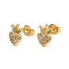 Rack Plating Brass Micro Pave Clear Cubic Zirconia Heart with Crown Ear Studs EJEW-F301-03-2