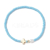 7Pcs Glass Seed Bead Stretch Bracelets with Brass Cross & Imitation Pearl BJEW-MZ00299-3
