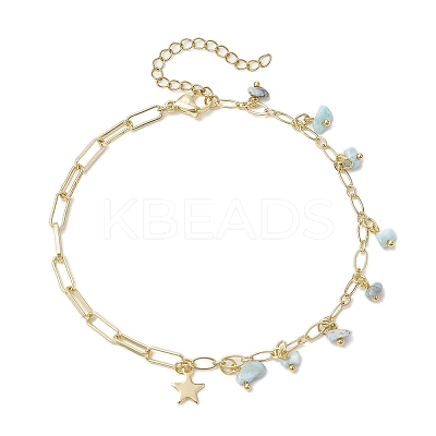 Natural Larimar/Moss Agate/Fluorite/Rutilated Quartz/Garnet Chips Charm Brass Figaro Chain Anklets AJEW-AN00667-1