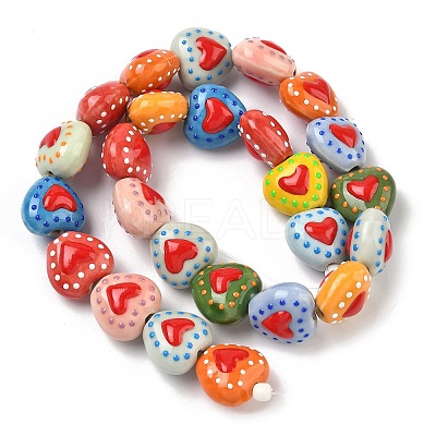 Heart Pattern Handmade Porcelain Enamel Beads PORC-G016-03-1