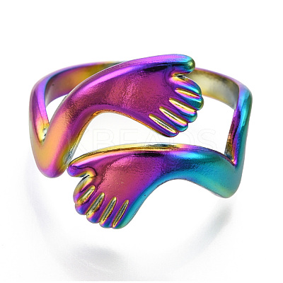 304 Stainless Steel Hugging Hand Cuff Rings RJEW-N038-119M-1