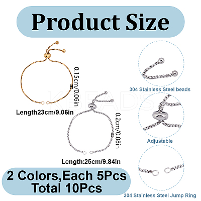 10Pcs 2 Colors Adjustable 304 Stainless Steel Bracelet Making STAS-GO0001-32-1