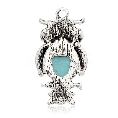 Antique Silver Plated Halloween Owl Alloy Dyed Synthetic Turquoise Pendants PALLOY-J652-01AS-1