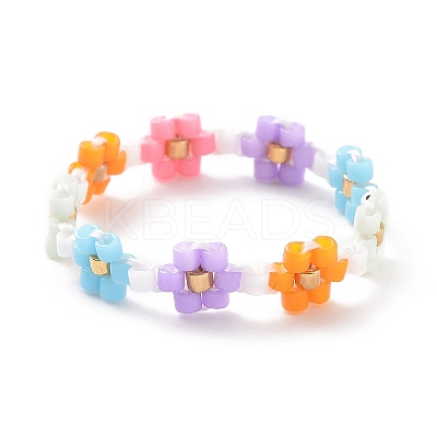 Glass Beaded Flower Wrap Stretch Finger Ring for Women RJEW-MZ00002-02-1