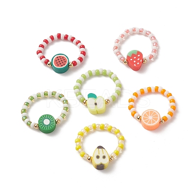 6Pcs 6 Style Strawberry & Watermelon & Kiwi & Apple & Lemon Polymer Clay & Glass Seed Stretch Rings Set RJEW-TA00070-1