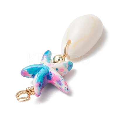 Dyed Synthetic Turquoise Starfish & Natural Cowrie Shell Pendants PALLOY-JF03932-1