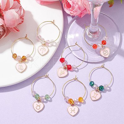 Heart with Twelve Constellations Alloy Enamel Wine Glass Charms AJEW-JO00227-1