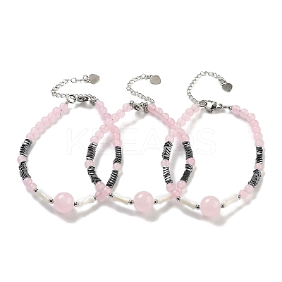 Natural Rose Quartz Round & Synthetic Non-magnetic Hematite & White Shell Beaded Bracelets for Women BJEW-K251-02A-1