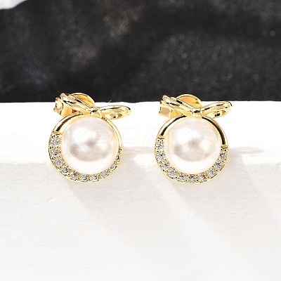 Bowknot with Round Brass Micro Pave Clear Cubic Zirconia Stud Earrings EJEW-A135-29G-1